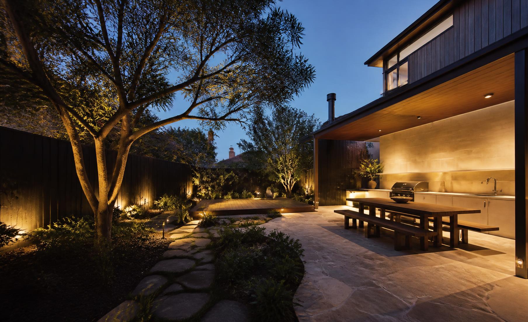 Completed outdoor entertaining area at dusk